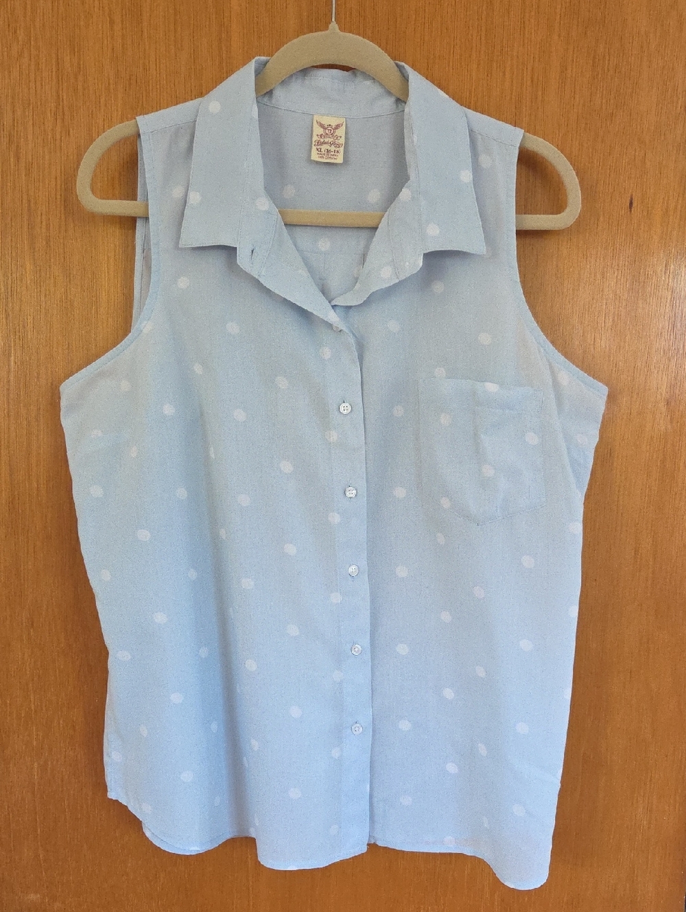 Sleeveless Light Blue Polka Dot Button-Front Top